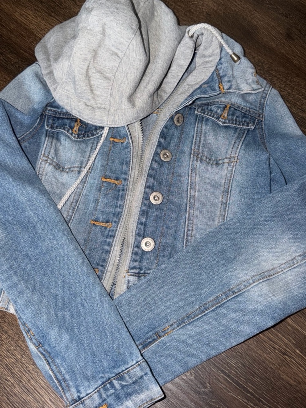 Light Blue Denim Jacket with Grey Hoodie Insert - Women